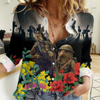 Kangaroo-Kiwi Soldier ANZAC Personalised Women Casual Shirt Golden Wattle Poppy Flowers