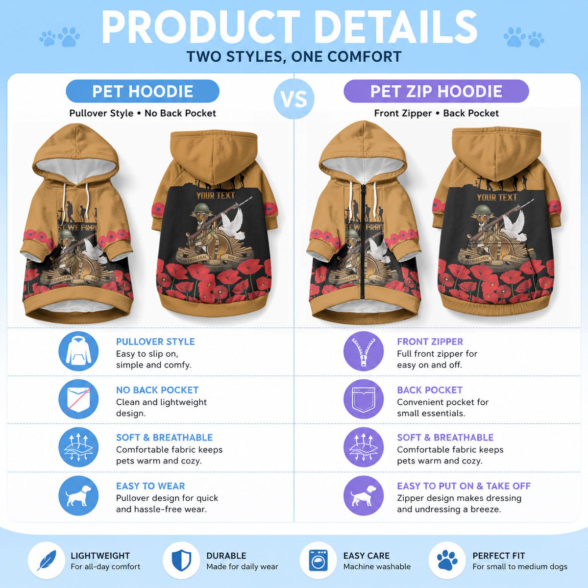 Australia ANZAC Day Personalised Pet Hoodie Honouring The Animals That Served