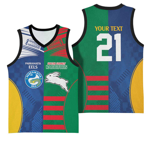 Custom Rabbitohs and Eels Together Basketball Jersey Sporty Style