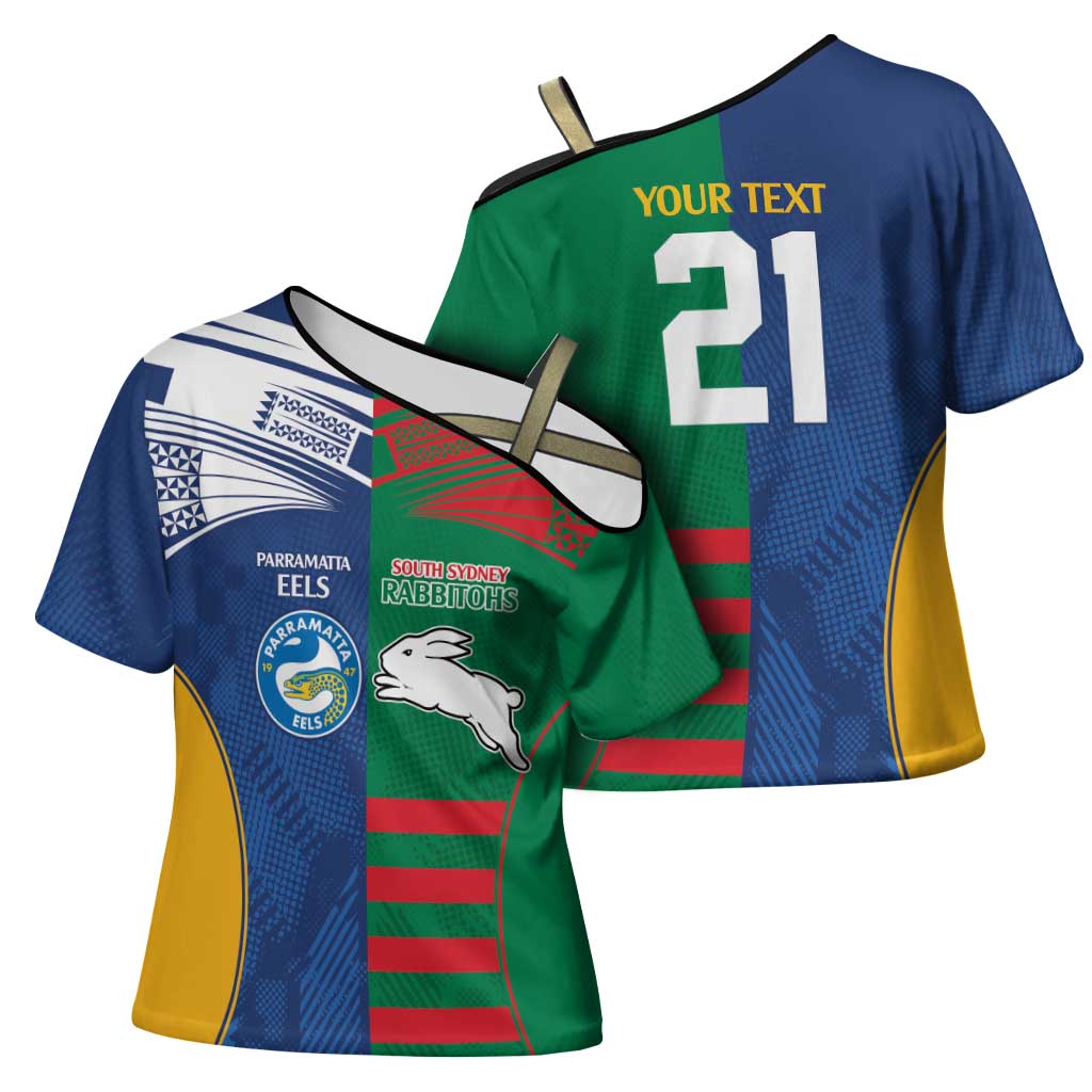 Custom Rabbitohs and Eels Together Cross Shoulder Shirt Sporty Style