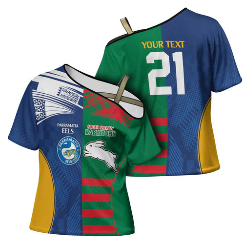 Custom Rabbitohs and Eels Together Cross Shoulder Shirt Sporty Style