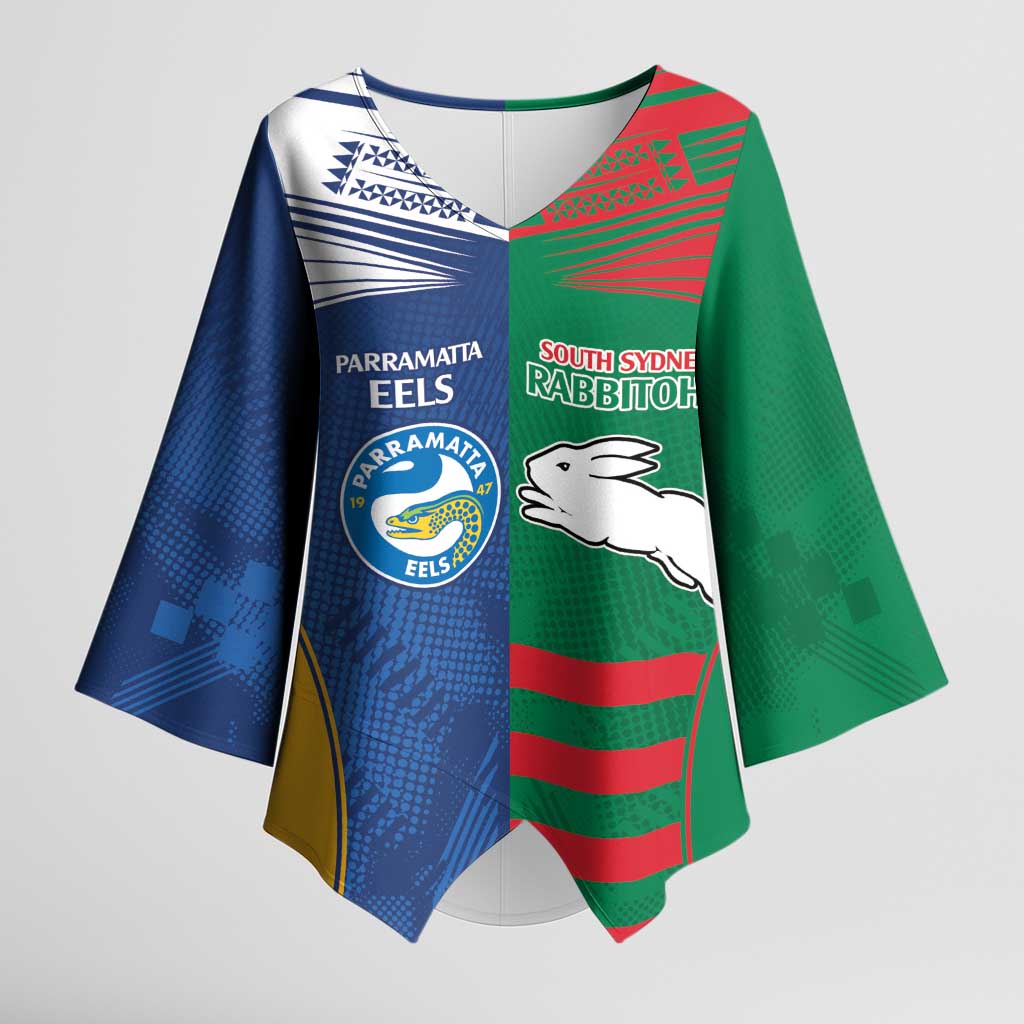 Custom Rabbitohs and Eels Together Kimono Sleeve Blouse Sporty Style