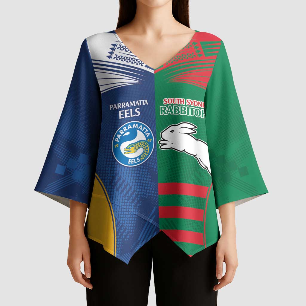 Custom Rabbitohs and Eels Together Kimono Sleeve Blouse Sporty Style