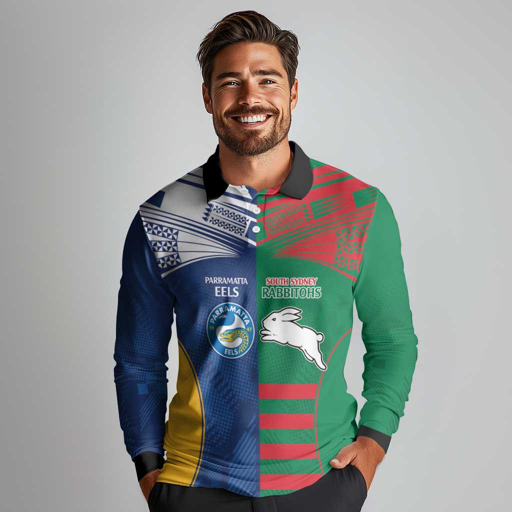 Custom Rabbitohs and Eels Together Long Sleeve Polo Shirt Sporty Style