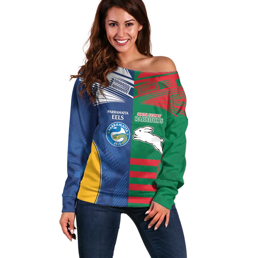 Custom Rabbitohs and Eels Together Off Shoulder Sweater Sporty Style