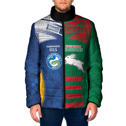 Custom Rabbitohs and Eels Together Padded Jacket Sporty Style
