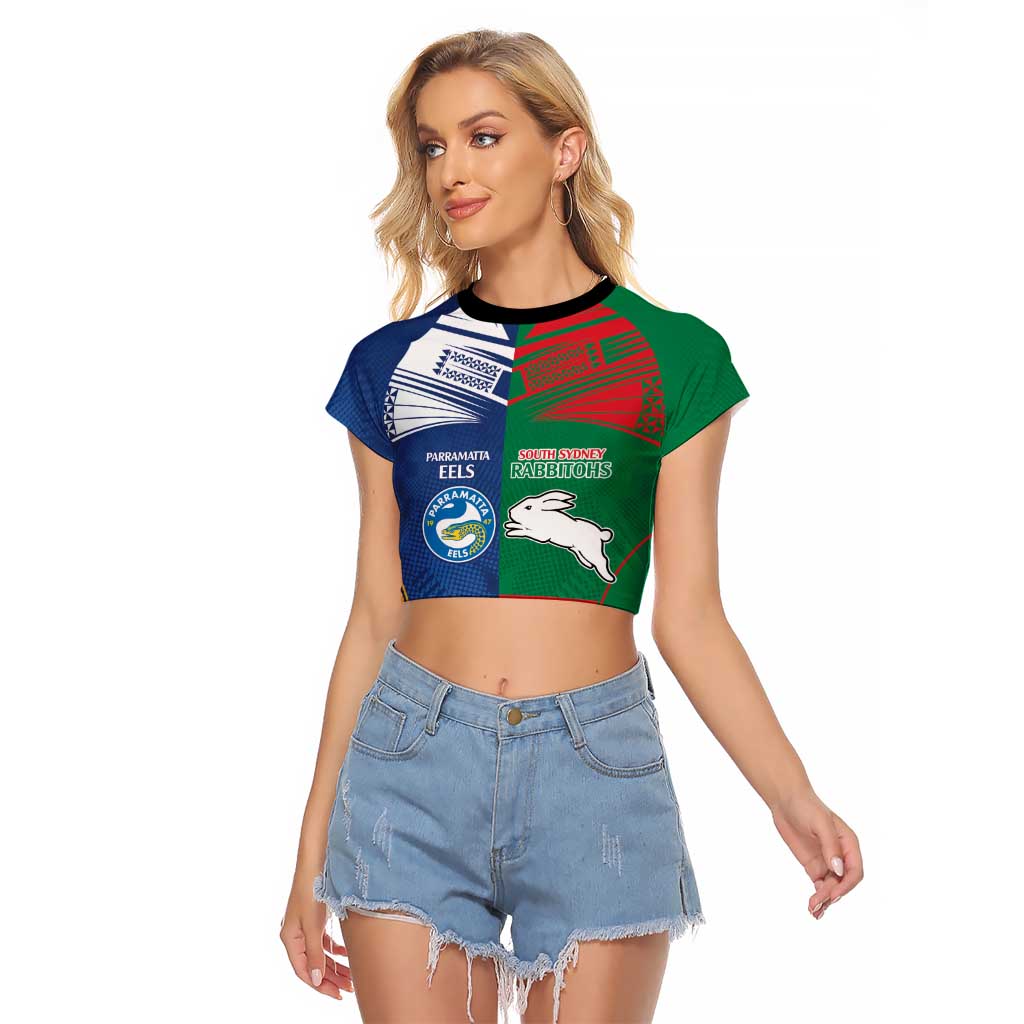 Custom Rabbitohs and Eels Together Raglan Cropped T Shirt Sporty Style