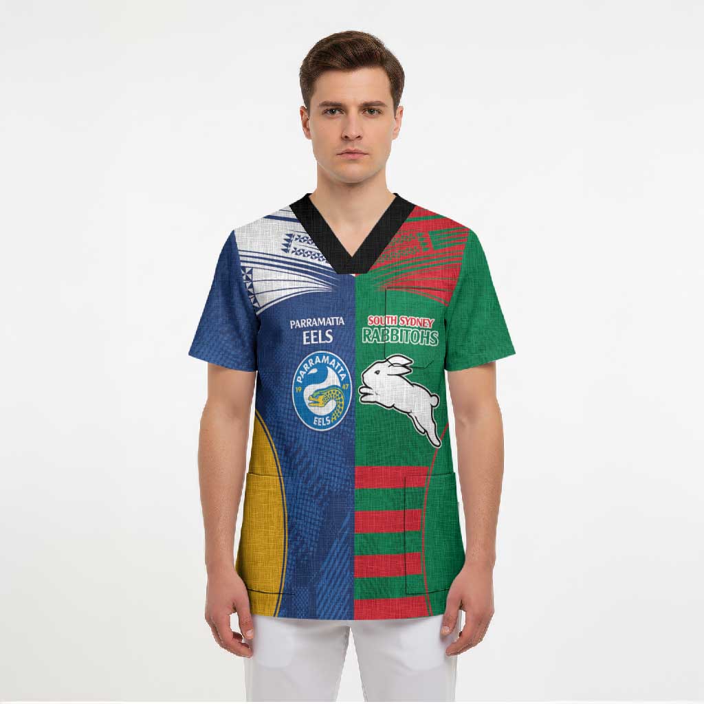 Custom Rabbitohs and Eels Together Scrub Top Sporty Style