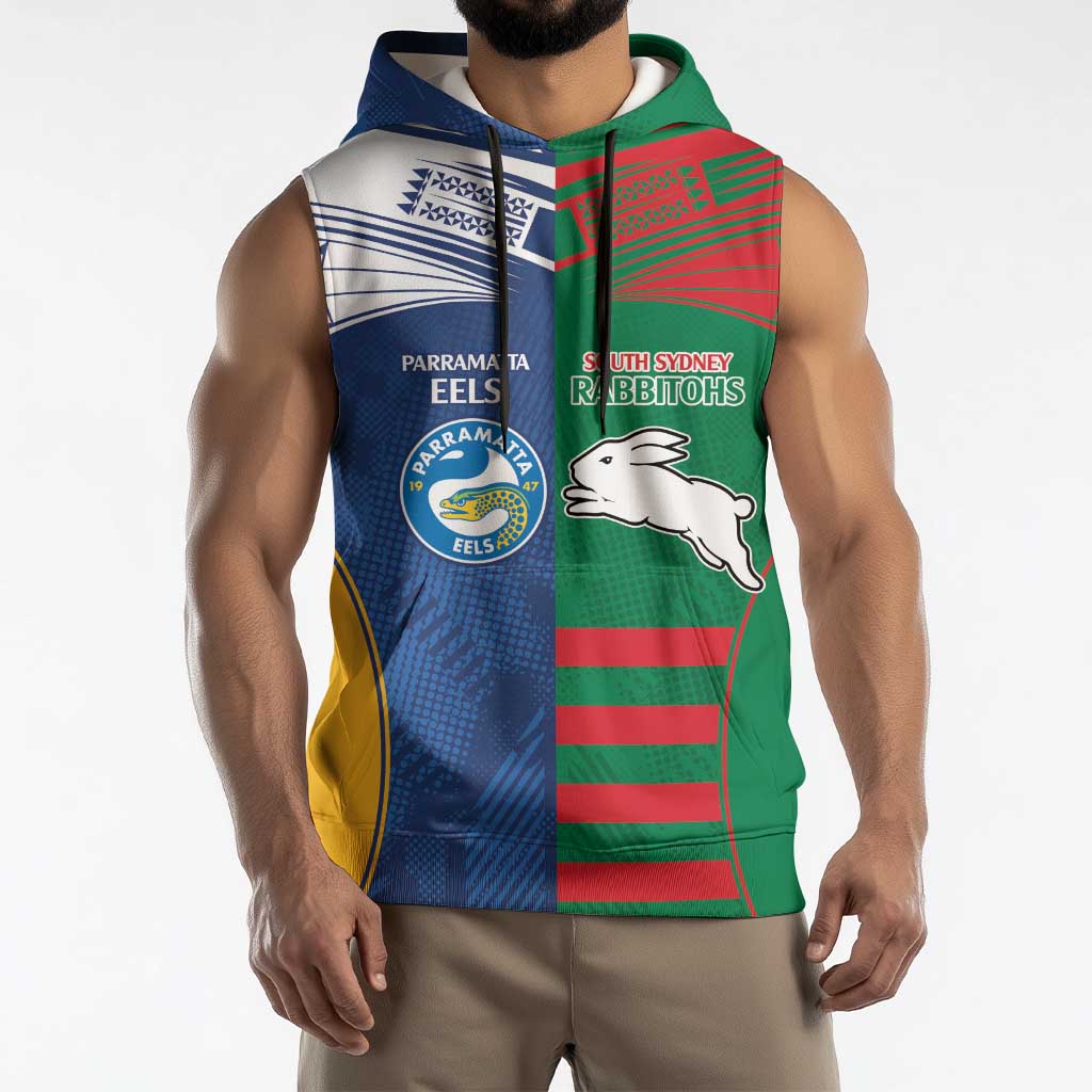 Custom Rabbitohs and Eels Together Sleeveless Hoodie Sporty Style