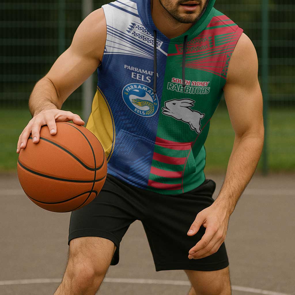 Custom Rabbitohs and Eels Together Sleeveless Hoodie Sporty Style