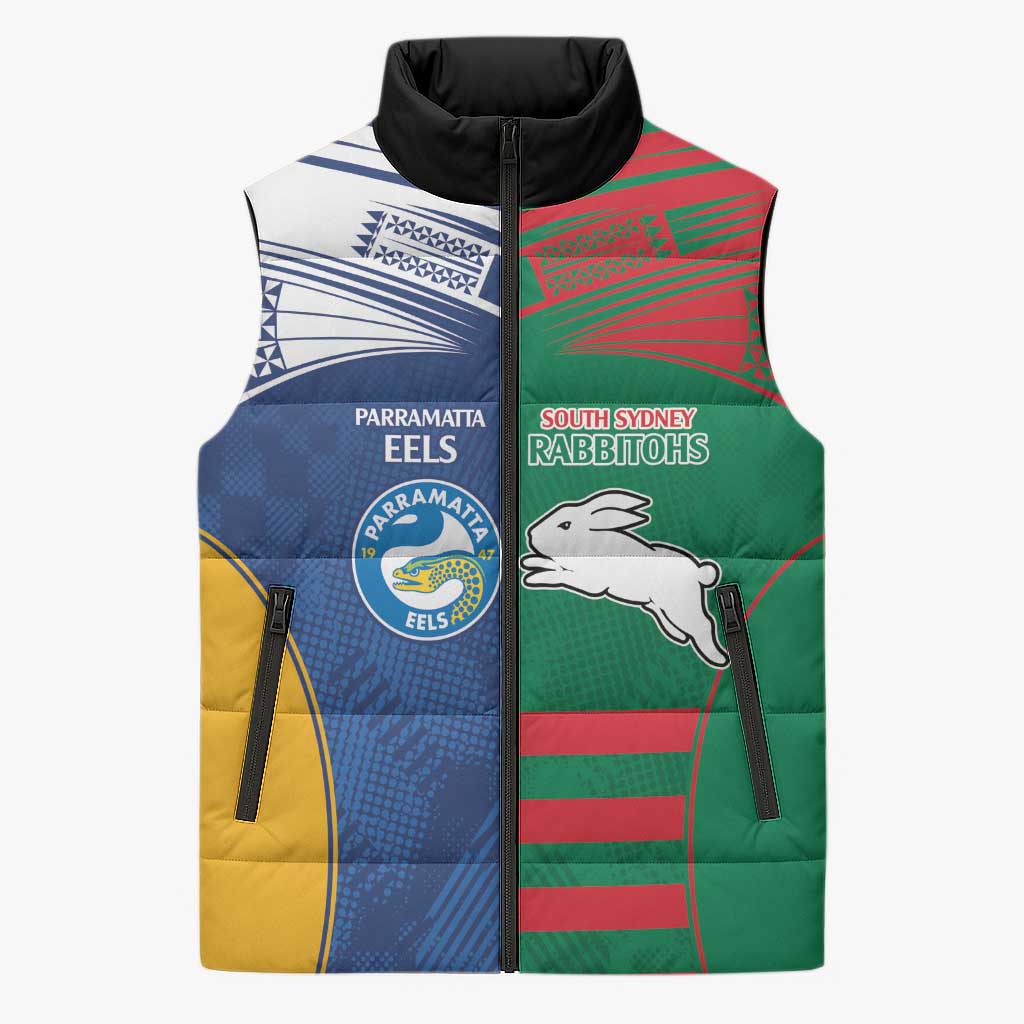Custom Rabbitohs and Eels Together Sleeveless Puffer Jacket Sporty Style