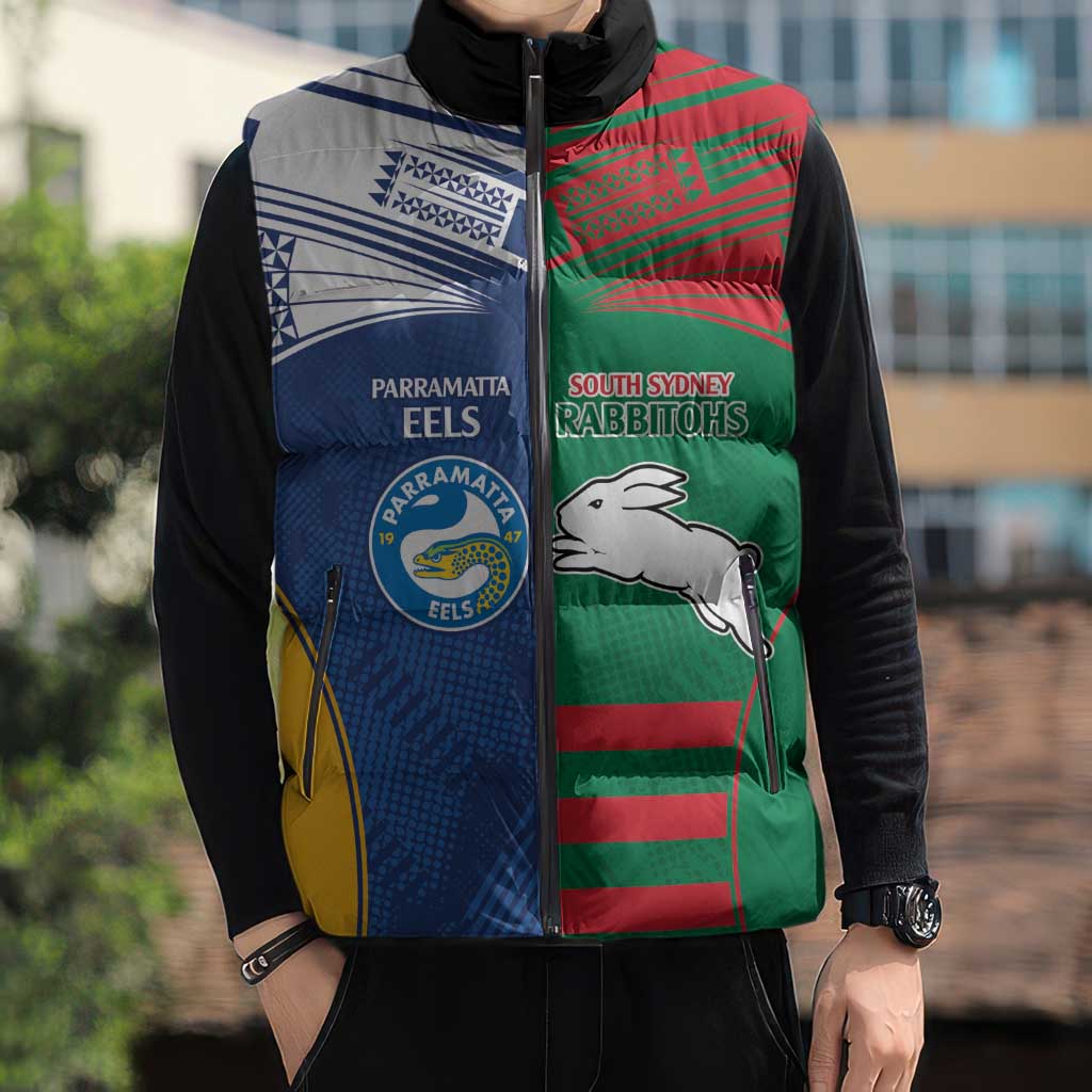 Custom Rabbitohs and Eels Together Sleeveless Puffer Jacket Sporty Style