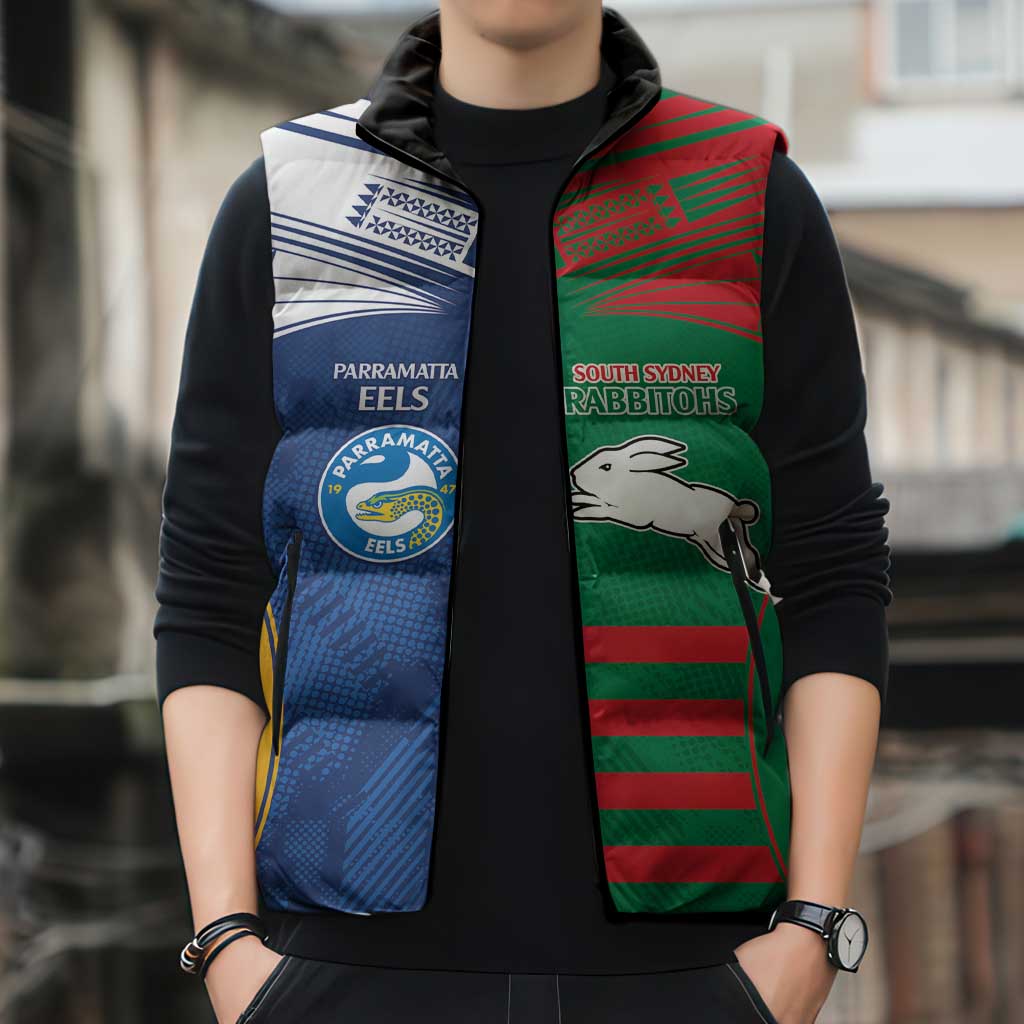 Custom Rabbitohs and Eels Together Sleeveless Puffer Jacket Sporty Style