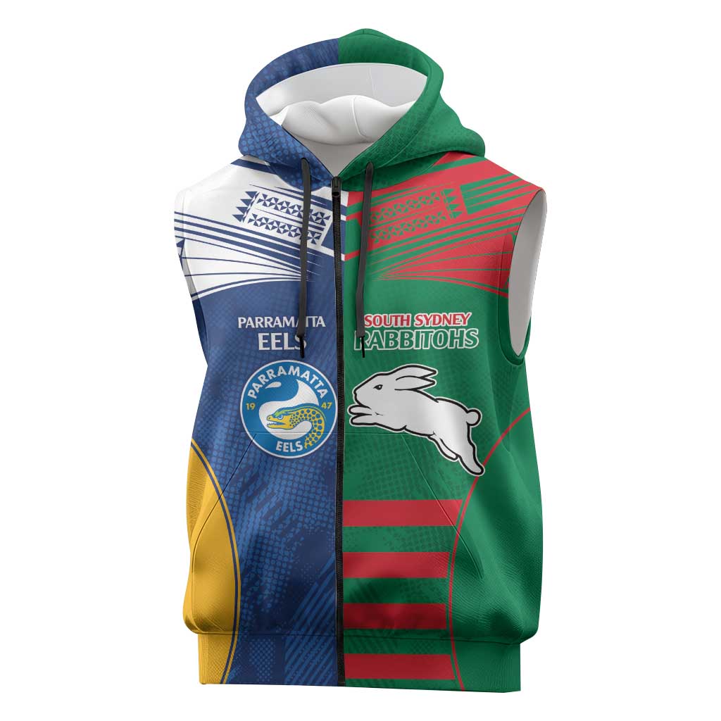 Custom Rabbitohs and Eels Together Sleeveless Zip Hoodie Sporty Style