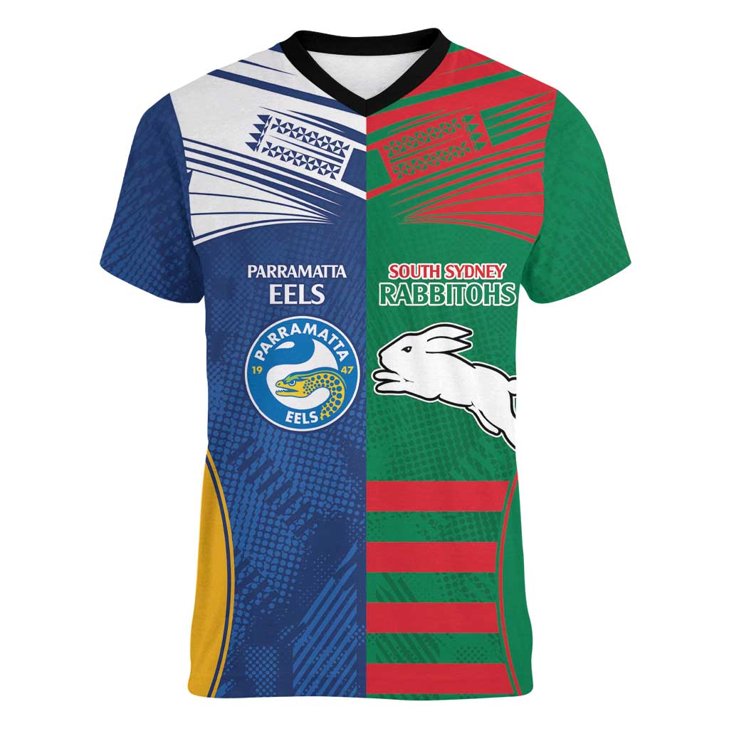 Custom Rabbitohs and Eels Together Women V-Neck T-Shirt Sporty Style