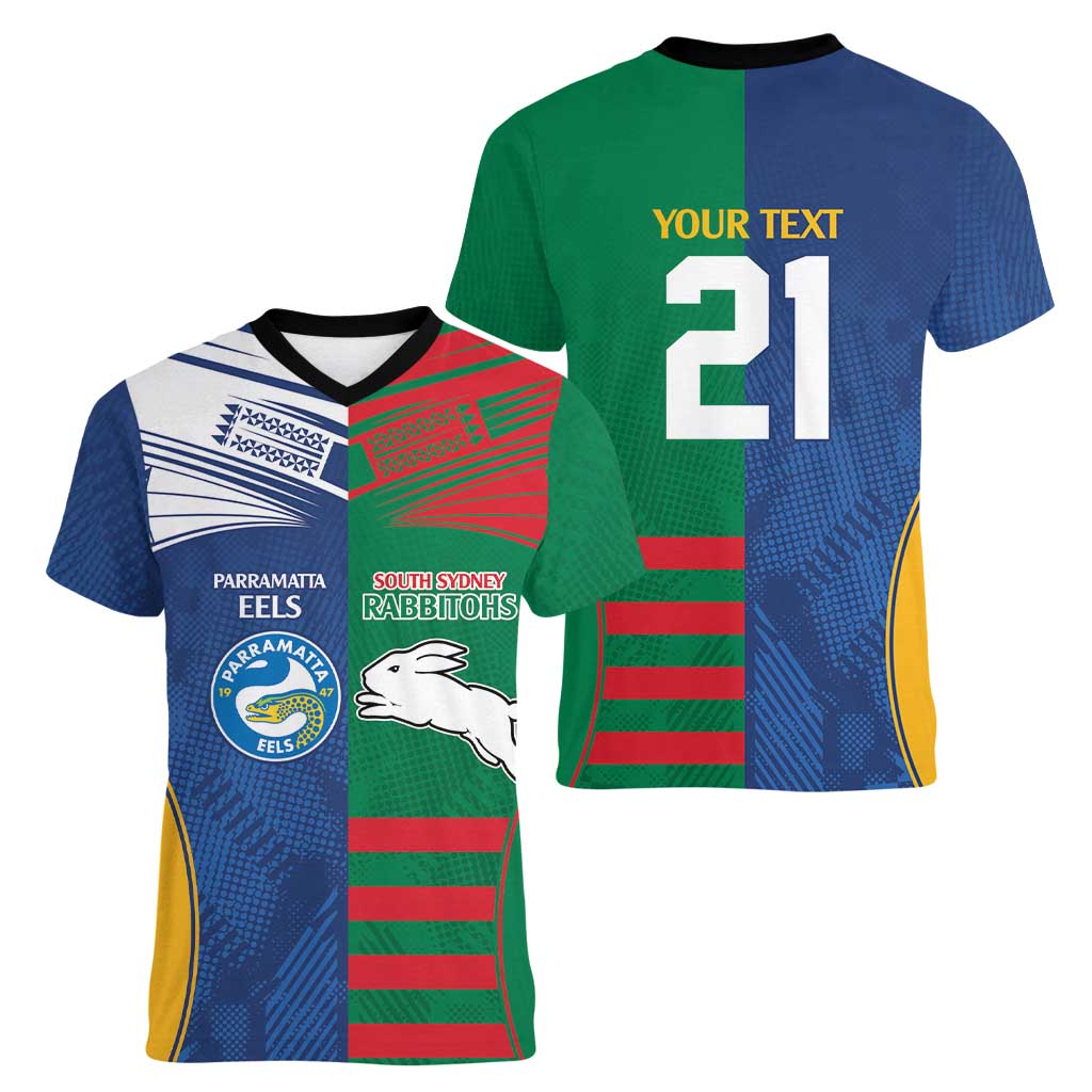 Custom Rabbitohs and Eels Together Women V-Neck T-Shirt Sporty Style