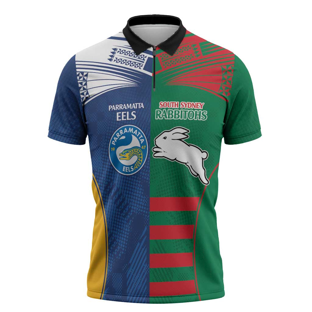 Custom Rabbitohs and Eels Together Zipper Polo Shirt Sporty Style