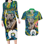 Personalised Vivid Minimal Koala Couples Matching Long Sleeve Bodycon Dress and Hawaiian Shirt NAIDOC 2024 Aboriginal Art Style No2