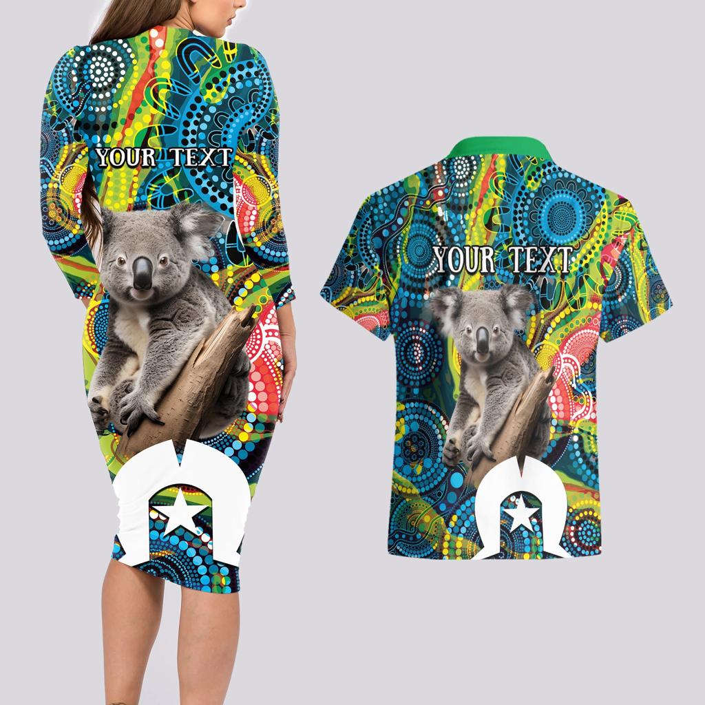 Personalised Vivid Minimal Koala Couples Matching Long Sleeve Bodycon Dress and Hawaiian Shirt NAIDOC 2024 Aboriginal Art Style No2
