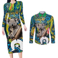 Personalised Vivid Minimal Koala Couples Matching Long Sleeve Bodycon Dress and Long Sleeve Button Shirt NAIDOC 2024 Aboriginal Art Style No2