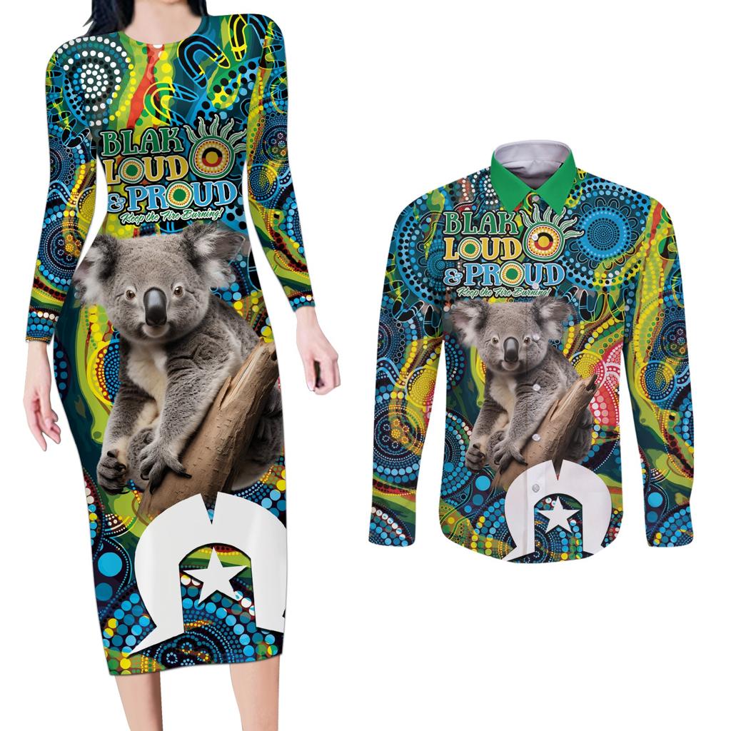 Personalised Vivid Minimal Koala Couples Matching Long Sleeve Bodycon Dress and Long Sleeve Button Shirt NAIDOC 2024 Aboriginal Art Style No2