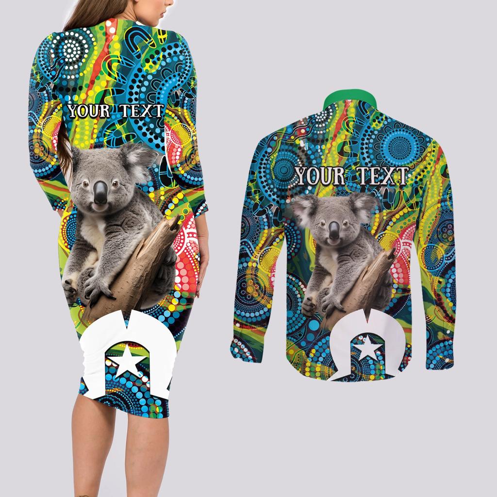 Personalised Vivid Minimal Koala Couples Matching Long Sleeve Bodycon Dress and Long Sleeve Button Shirt NAIDOC 2024 Aboriginal Art Style No2