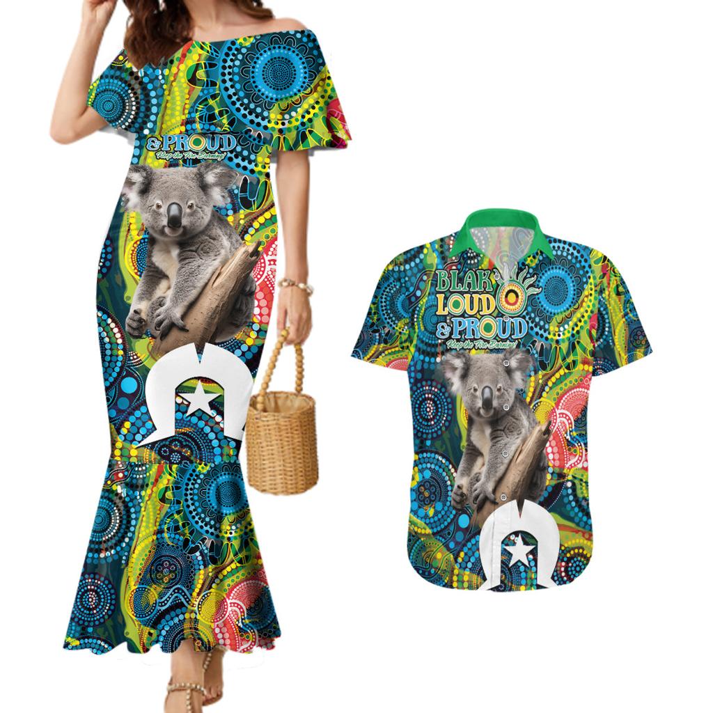 Personalised Vivid Minimal Koala Couples Matching Mermaid Dress and Hawaiian Shirt NAIDOC 2024 Aboriginal Art Style No2
