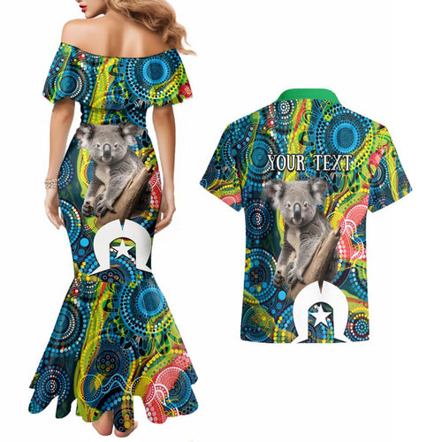Personalised Vivid Minimal Koala Couples Matching Mermaid Dress and Hawaiian Shirt NAIDOC 2024 Aboriginal Art Style No2