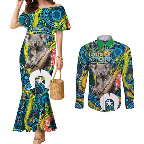 Personalised Vivid Minimal Koala Couples Matching Mermaid Dress and Long Sleeve Button Shirt NAIDOC 2024 Aboriginal Art Style No2