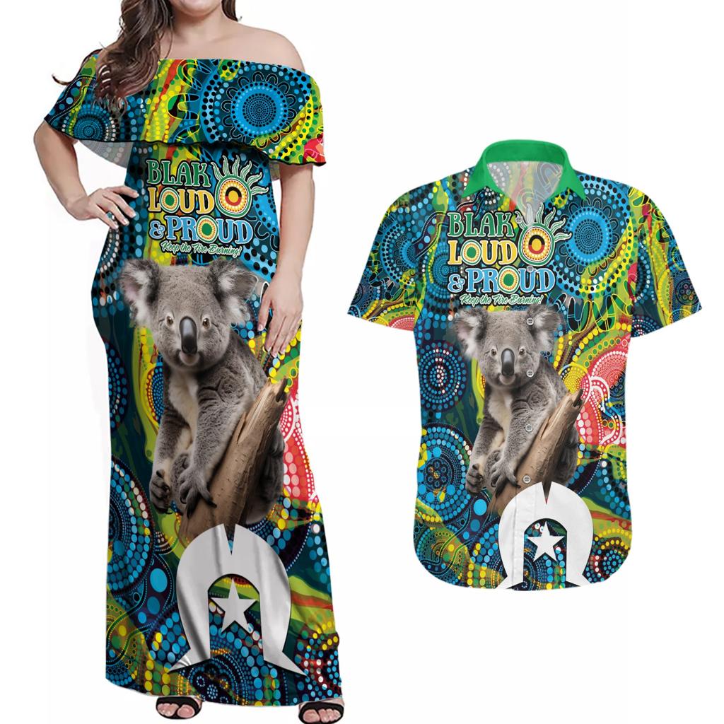 Personalised Vivid Minimal Koala Couples Matching Off Shoulder Maxi Dress and Hawaiian Shirt NAIDOC 2024 Aboriginal Art Style No2