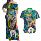 Personalised Vivid Minimal Koala Couples Matching Off Shoulder Maxi Dress and Hawaiian Shirt NAIDOC 2024 Aboriginal Art Style No2