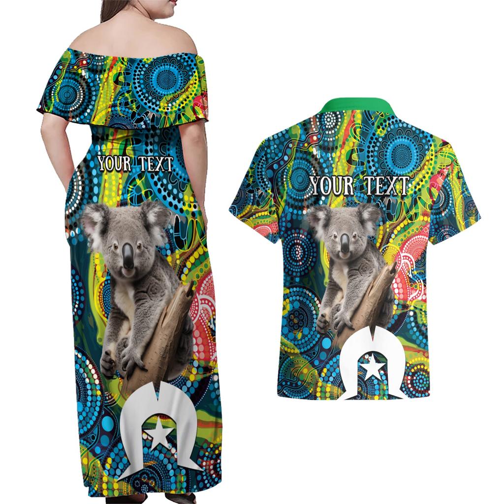 Personalised Vivid Minimal Koala Couples Matching Off Shoulder Maxi Dress and Hawaiian Shirt NAIDOC 2024 Aboriginal Art Style No2