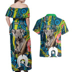 Personalised Vivid Minimal Koala Couples Matching Off Shoulder Maxi Dress and Hawaiian Shirt NAIDOC 2024 Aboriginal Art Style No2