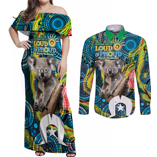 Personalised Vivid Minimal Koala Couples Matching Off Shoulder Maxi Dress and Long Sleeve Button Shirt NAIDOC 2024 Aboriginal Art Style No2