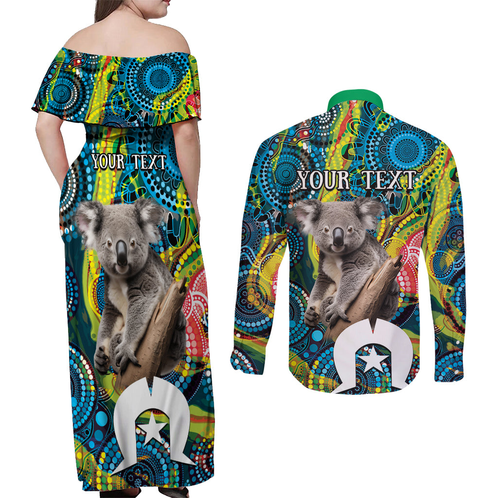 Personalised Vivid Minimal Koala Couples Matching Off Shoulder Maxi Dress and Long Sleeve Button Shirt NAIDOC 2024 Aboriginal Art Style No2