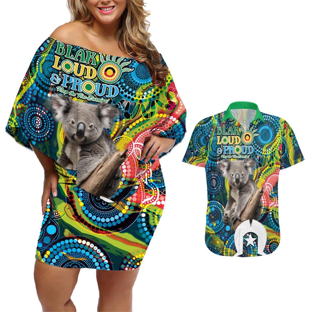 Personalised Vivid Minimal Koala Couples Matching Off Shoulder Short Dress and Hawaiian Shirt NAIDOC 2024 Aboriginal Art Style No2