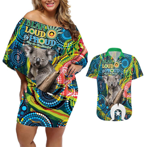 Personalised Vivid Minimal Koala Couples Matching Off Shoulder Short Dress and Hawaiian Shirt NAIDOC 2024 Aboriginal Art Style No2
