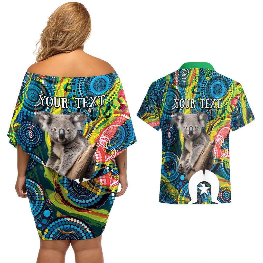 Personalised Vivid Minimal Koala Couples Matching Off Shoulder Short Dress and Hawaiian Shirt NAIDOC 2024 Aboriginal Art Style No2