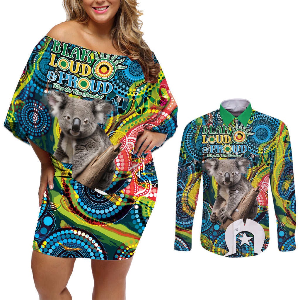 Personalised Vivid Minimal Koala Couples Matching Off Shoulder Short Dress and Long Sleeve Button Shirt NAIDOC 2024 Aboriginal Art Style No2