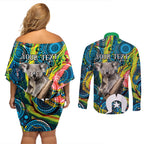 Personalised Vivid Minimal Koala Couples Matching Off Shoulder Short Dress and Long Sleeve Button Shirt NAIDOC 2024 Aboriginal Art Style No2