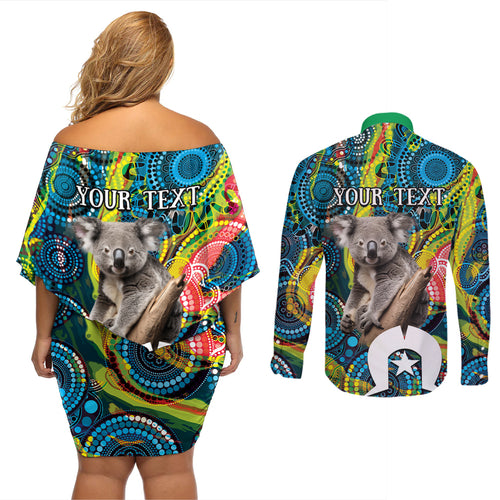 Personalised Vivid Minimal Koala Couples Matching Off Shoulder Short Dress and Long Sleeve Button Shirt NAIDOC 2024 Aboriginal Art Style No2