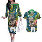 Personalised Vivid Minimal Koala Couples Matching Off The Shoulder Long Sleeve Dress and Hawaiian Shirt NAIDOC 2024 Aboriginal Art Style No2