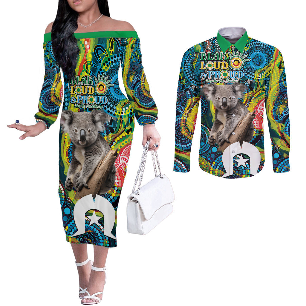 Personalised Vivid Minimal Koala Couples Matching Off The Shoulder Long Sleeve Dress and Long Sleeve Button Shirt NAIDOC 2024 Aboriginal Art Style No2