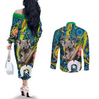 Personalised Vivid Minimal Koala Couples Matching Off The Shoulder Long Sleeve Dress and Long Sleeve Button Shirt NAIDOC 2024 Aboriginal Art Style No2
