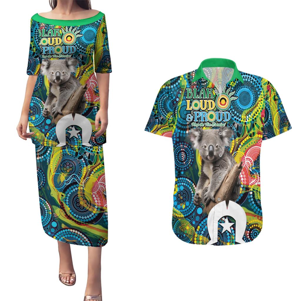 Personalised Vivid Minimal Koala Couples Matching Puletasi and Hawaiian Shirt NAIDOC 2024 Aboriginal Art Style No2
