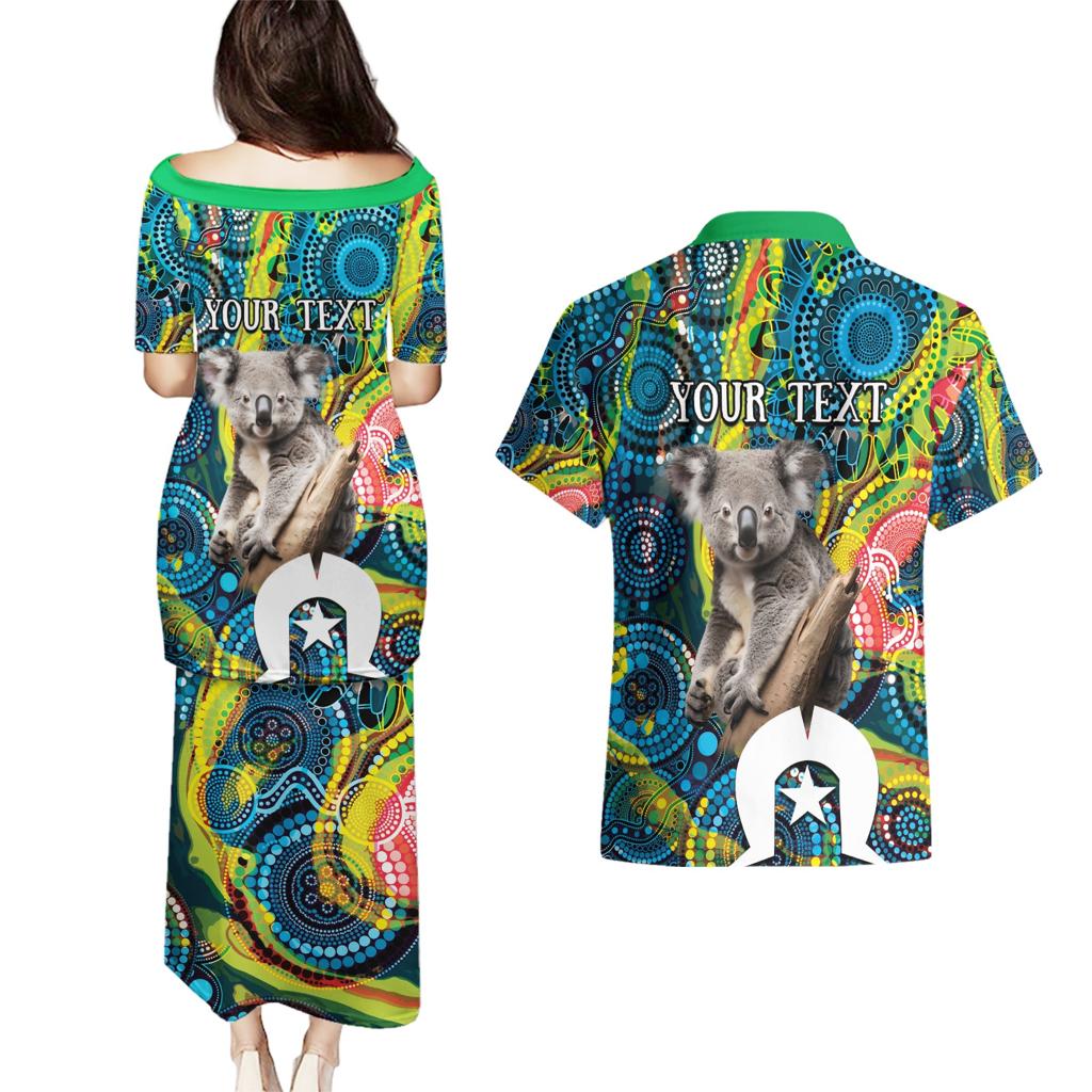 Personalised Vivid Minimal Koala Couples Matching Puletasi and Hawaiian Shirt NAIDOC 2024 Aboriginal Art Style No2
