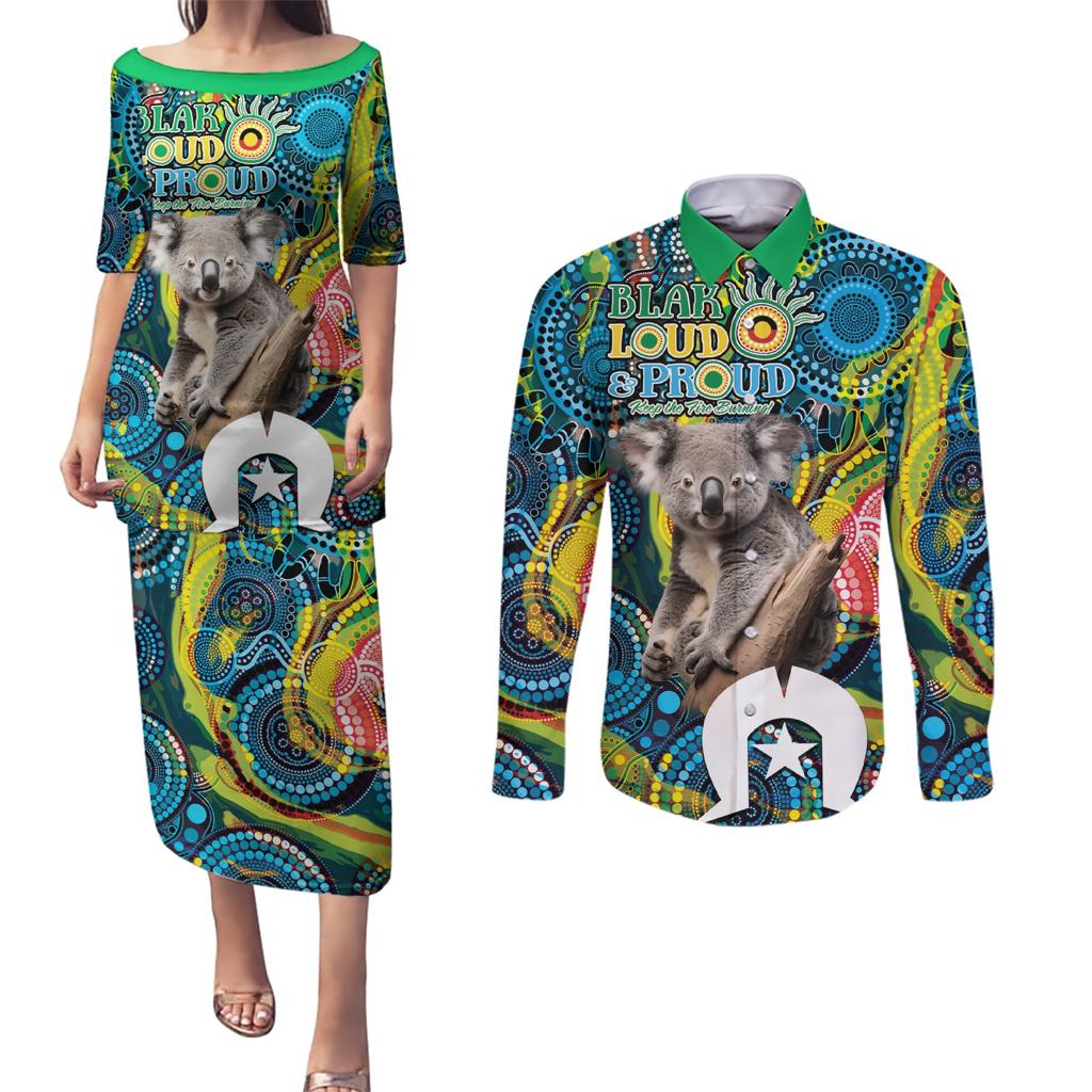 Personalised Vivid Minimal Koala Couples Matching Puletasi and Long Sleeve Button Shirt NAIDOC 2024 Aboriginal Art Style No2