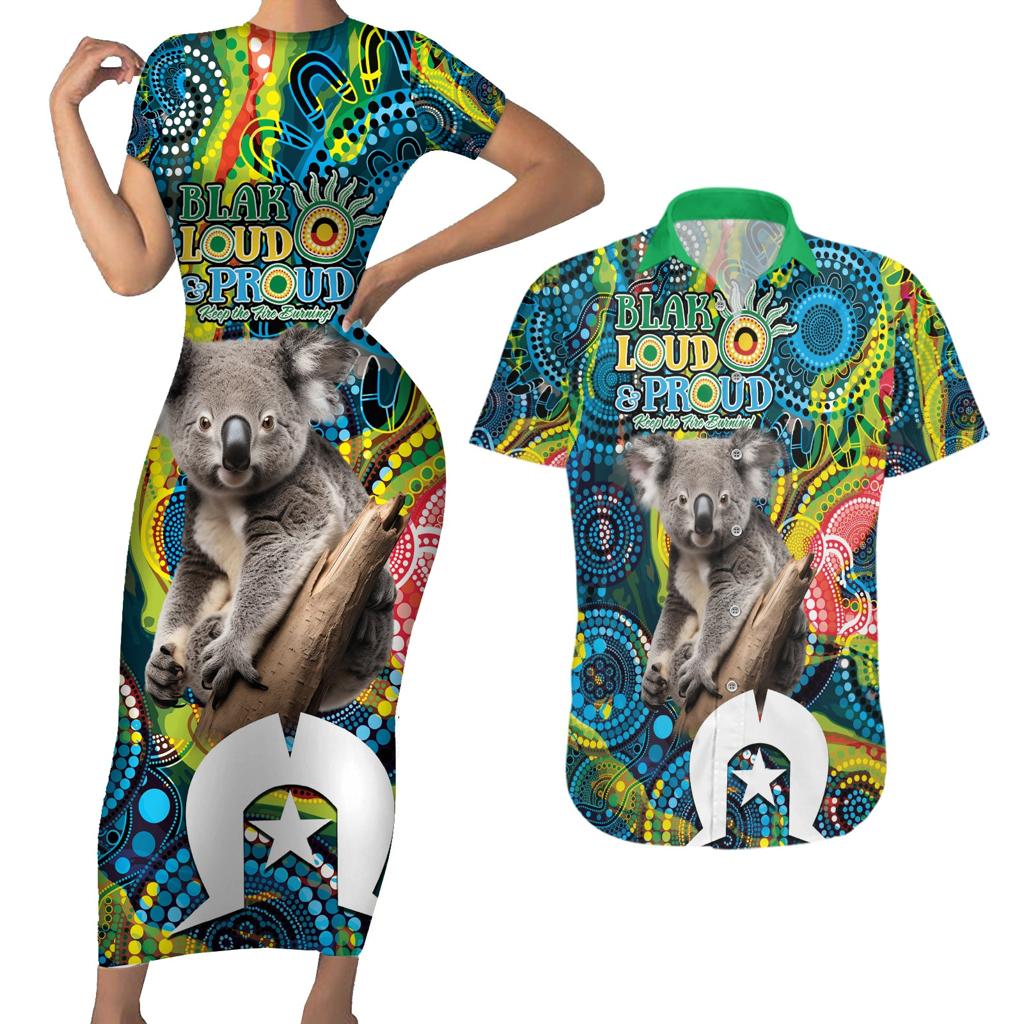 Personalised Vivid Minimal Koala Couples Matching Short Sleeve Bodycon Dress and Hawaiian Shirt NAIDOC 2024 Aboriginal Art Style No2