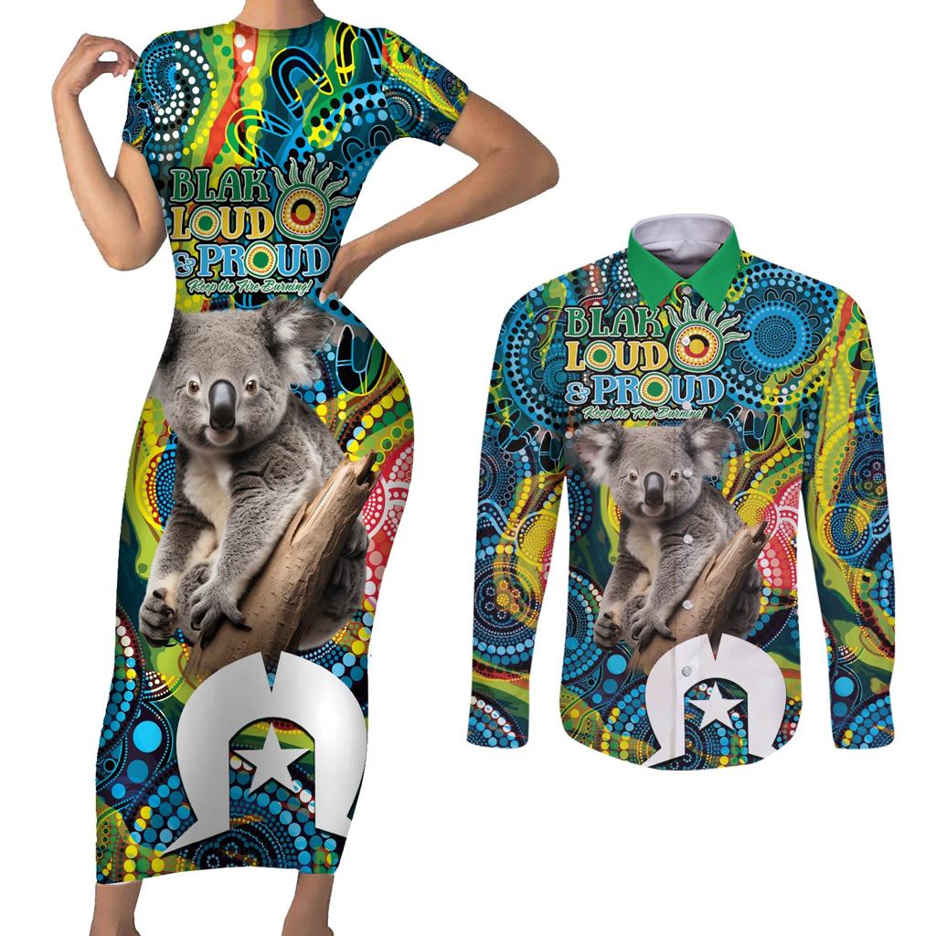 Personalised Vivid Minimal Koala Couples Matching Short Sleeve Bodycon Dress and Long Sleeve Button Shirt NAIDOC 2024 Aboriginal Art Style No2