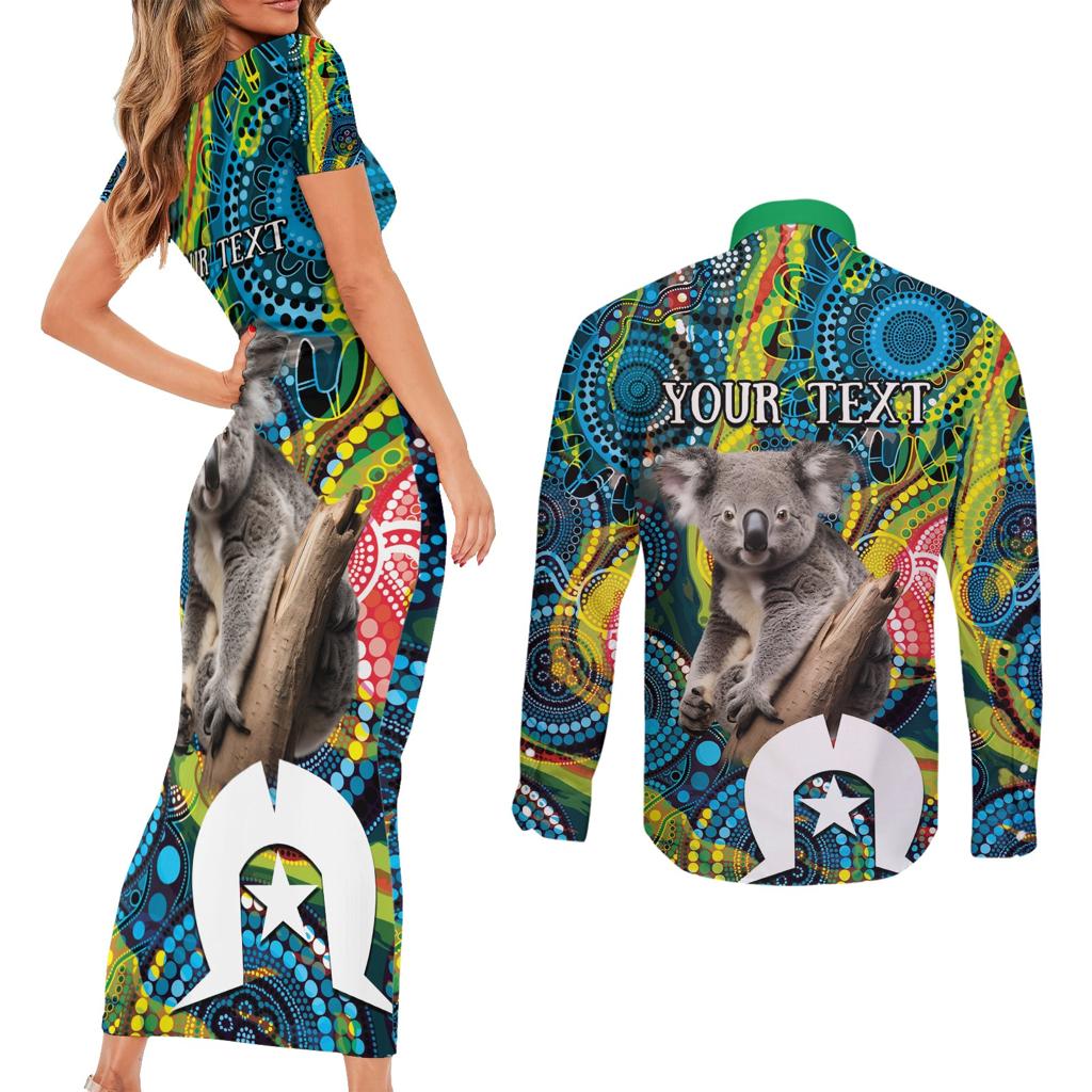 Personalised Vivid Minimal Koala Couples Matching Short Sleeve Bodycon Dress and Long Sleeve Button Shirt NAIDOC 2024 Aboriginal Art Style No2